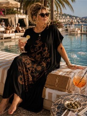 Lady Farah Black & Gold Cactus Caftan Muumuu | One Size Fits Most | Boho Luxe